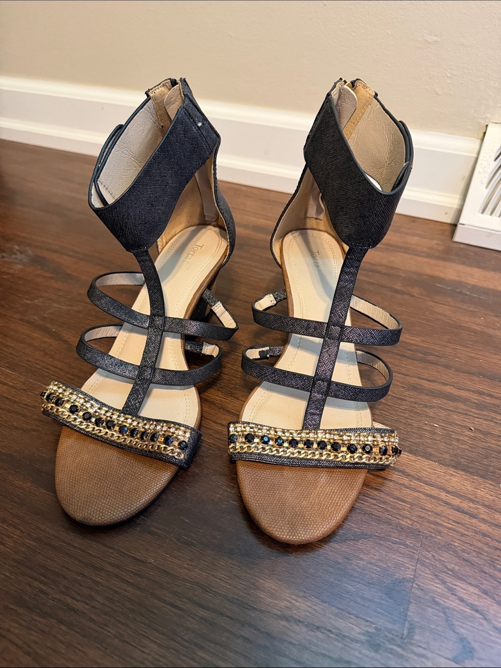 Women’s Black Strappy Wedge Sandals with Gold Accent